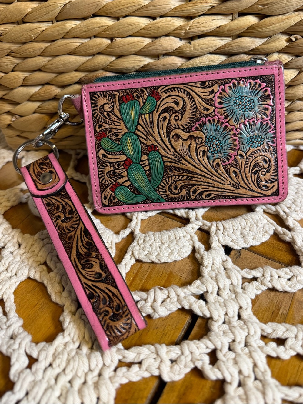 American Darling Tooled Leather Wristlet Wallet Cactus Floral Pink Western